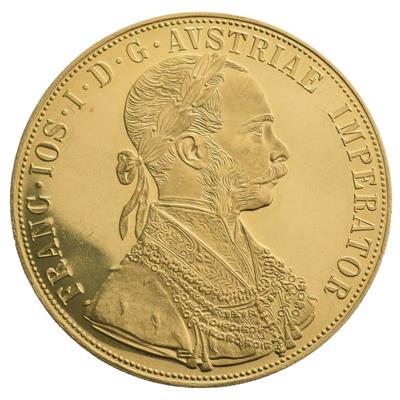 Austrian 4 Ducat Gold Coin obverse side featuring a portrait of Franz Joseph I