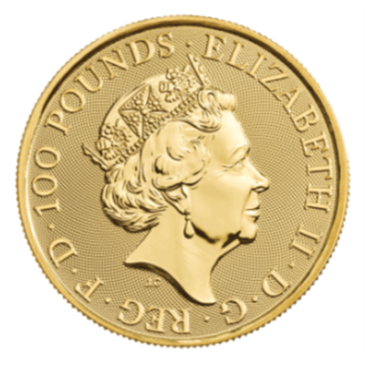 Obverse side of the 2023 1oz Britannia Gold Coin, featuring Queen Elizabeth II's portrait.