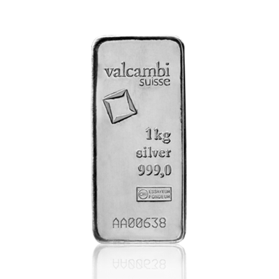 Front side of the 1kg Silver Bar by Valcambi