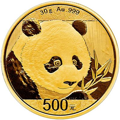 Reverse of the 30g China Panda Gold Coin featuring a panda and bamboo leaves