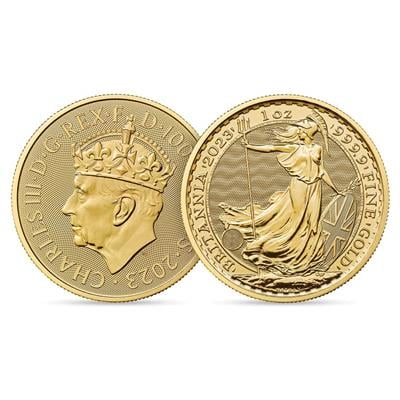 Both sides of the 2023 1oz Gold Coronation Britannia featuring King Charles III and Lady Britannia