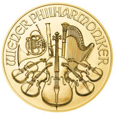 1/4 oz Austrian Philharmonic Gold Coin reverse featuring the Vienna Philharmonic instruments