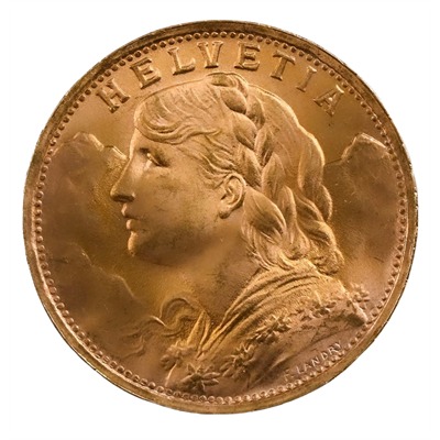 Swiss 20 Francs Vreneli Gold Coin obverse