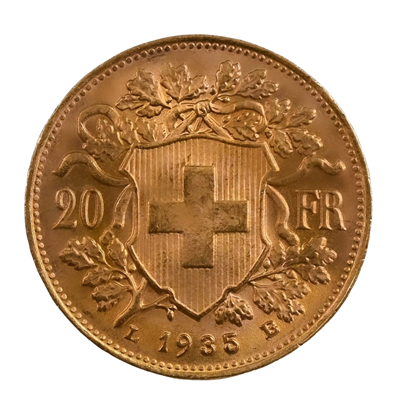 Swiss 20 Francs Vreneli Gold Coin reverse