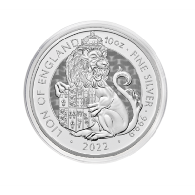 Reverse side of the 2022 10oz Silver Royal Tudor Beasts coin featuring image of the Lion of England