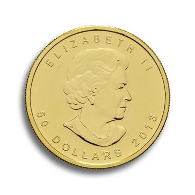 The obverse side of the 1 oz Canadian Maple Leaf Gold Coin