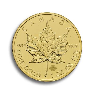 The reverse side of the 1 oz Canadian Maple Leaf Gold Coin