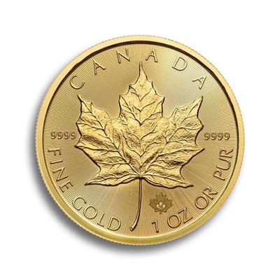 The reverse side of the 1 oz Canadian Maple Leaf Gold Coin