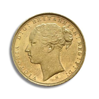 Obverse side of the Victoria Young Head Sovereign Gold Coin