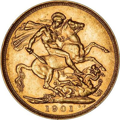 Reverse side of the Victoria Old Head Sovereign Gold Coin