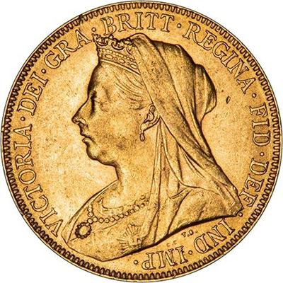 Obverse side of the Victoria Old Head Sovereign Gold Coin