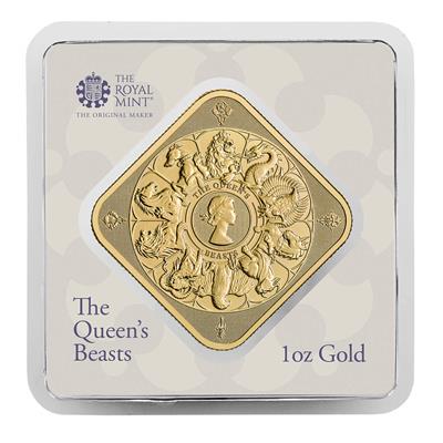 The Queen's Beasts 1oz Gold Bar in its Royal Mint packaging