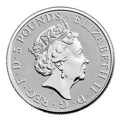 Front side of the 2023, 2oz Silver Royal Tudor Beasts, Yale of Beaufort, coin.