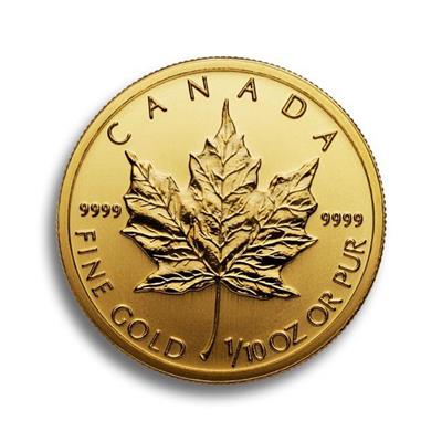 Reverse of the 1/10oz Canadian Maple Leaf Gold Coin featuring a maple leaf