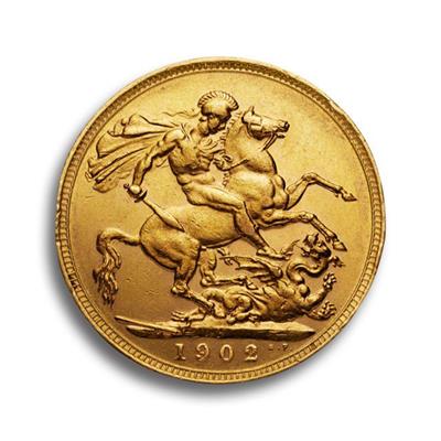Reverse of the Edward VII Sovereign Gold Coin featuring St George and the Dragon