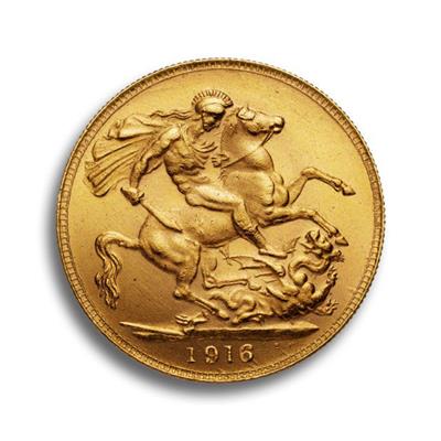 The reverse side of the King George V Sovereign Gold Coin