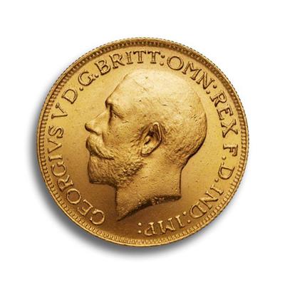 The obverse side of the King George V Sovereign Gold Coin