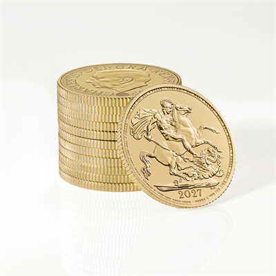 2027 Gold Sovereign Coin stack featuring King Charles III