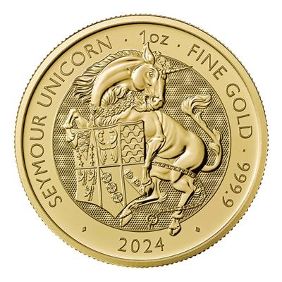 Reverse side of the 2024 1oz Gold Royal Tudor Beasts, Seymour Unicorn, coin.