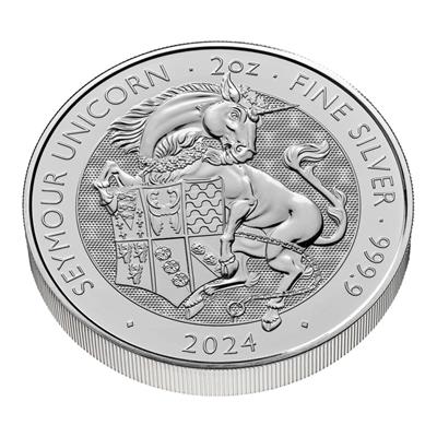 Reverse side of the 2024 2oz Silver Royal Tudor Beasts, Seymour Unicorn coin.