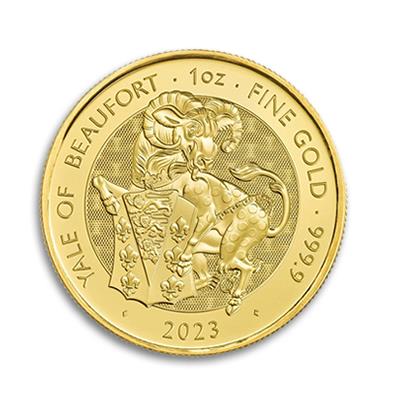 Reverse of the 2023 1oz Royal Tudor Beasts, The Yale of Beaufort, gold coin.