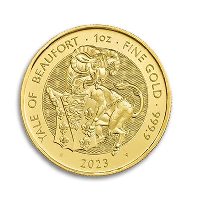 Reverse of the 2023 1oz Royal Tudor Beasts, The Yale of Beaufort, gold coin.
