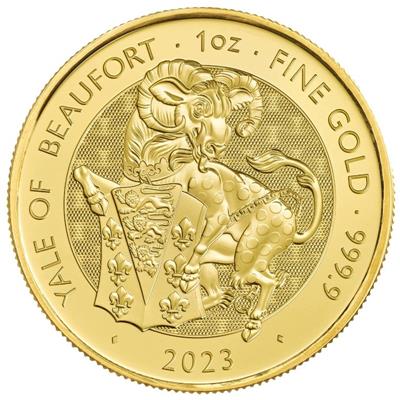 Reverse of the 2023 1oz Royal Tudor Beasts, The Yale of Beaufort, gold coin.