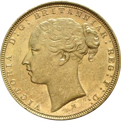 Obverse side of the Victoria Young Head Sovereign Gold Coin